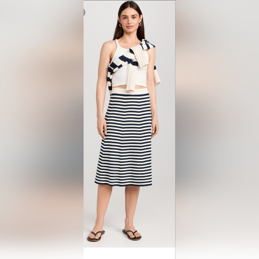 KULE The Flared Skirt Striped Navy and White Midi Light Knit Cotton Skirt